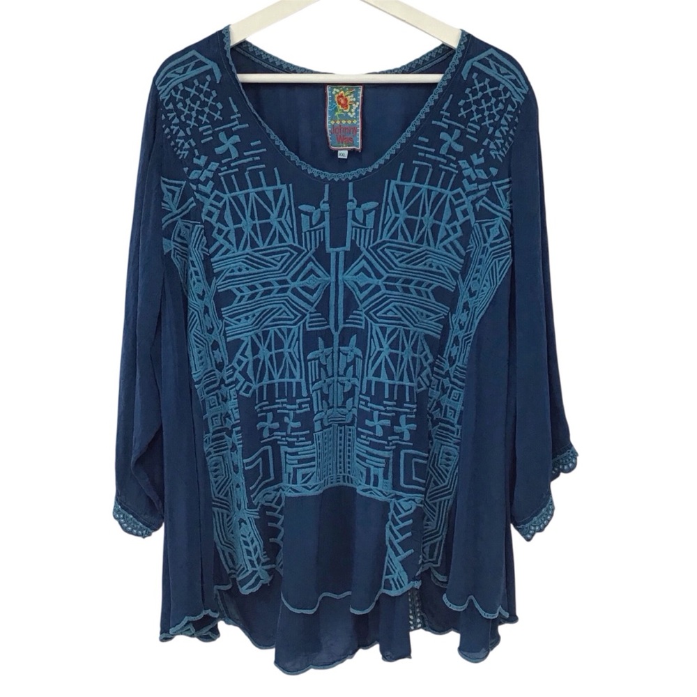 Johnny Was Blue Teal Embroidered Boho Cottagecore Blouse Flowy Floral Tunic XXL